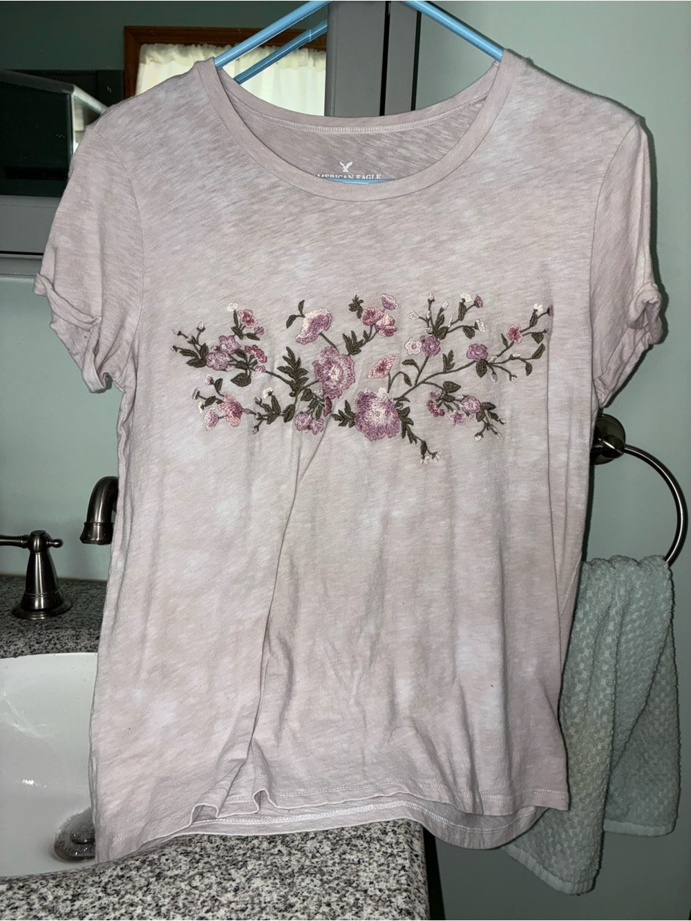 American Eagle Outfitters Pale Purple Floral Embroidered Short Sleeve Tee